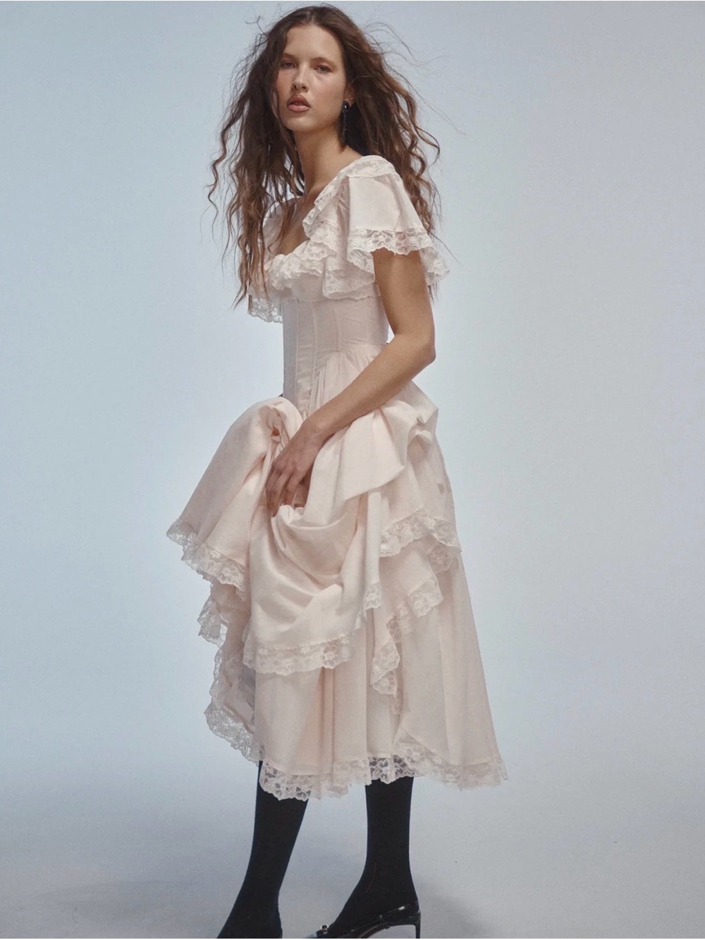 Women Selkie Lickity Split Cotton Gauze Basque Waist Corset Midi Dress